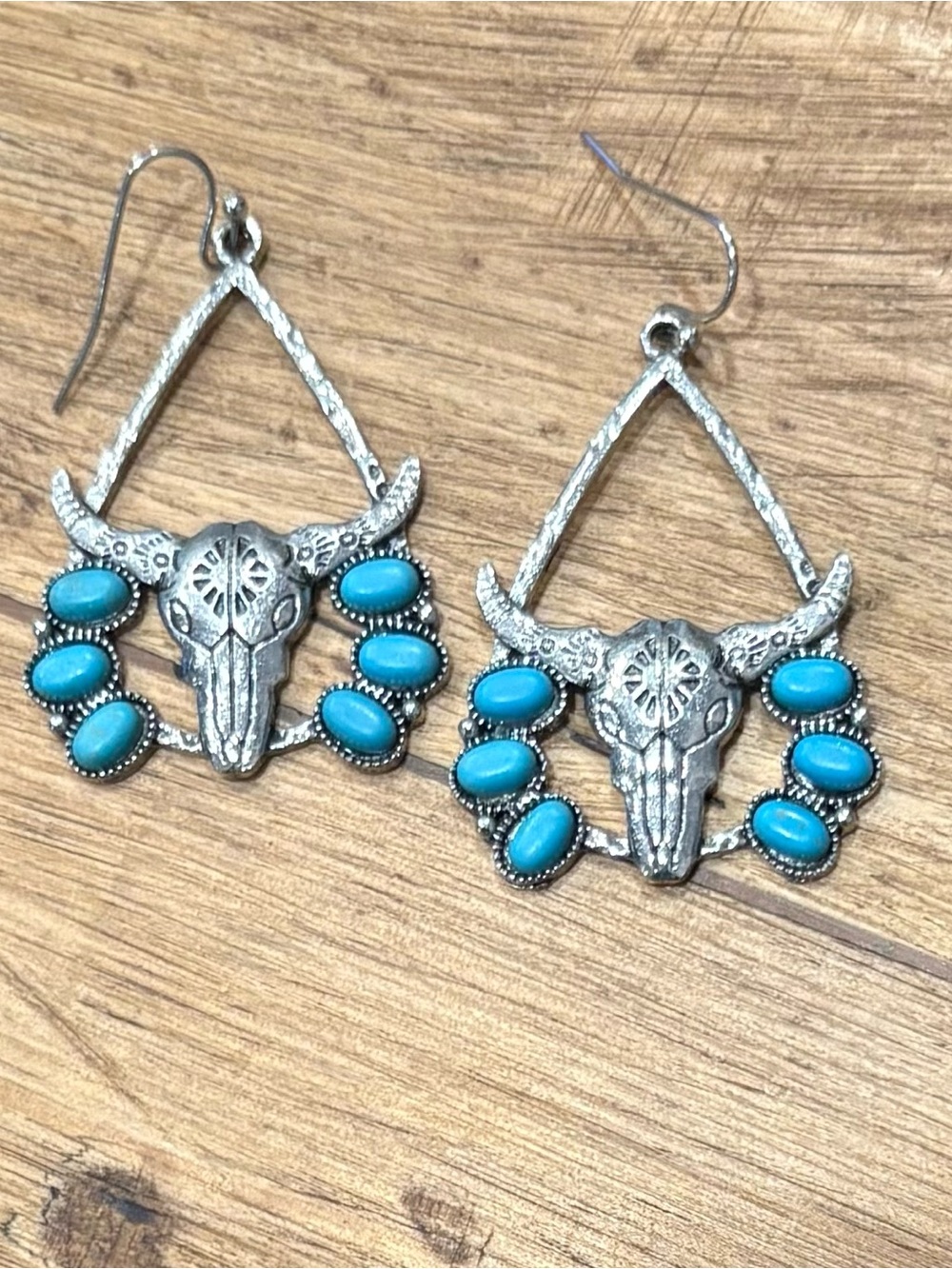 Turquoise Accent Bull Skull Dangle Earrings - Women Jewelry